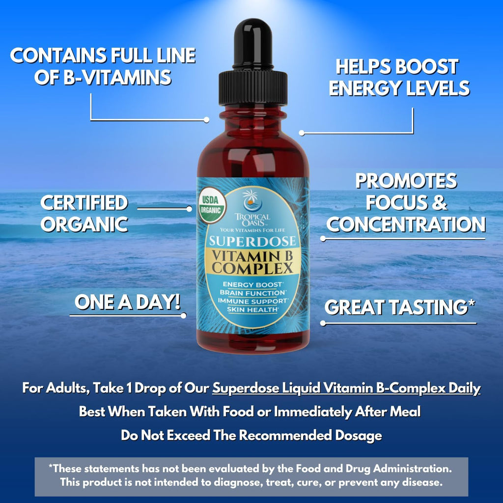 Superdose Organic Vitamin B Complex Liquid Drops | 125,000% DV Vitamin B12, B6, Biotin, Niacin, Folate | Energy, Brain Health, Immune Support | USDA Organic, Vegan, Non-GMO | 60 Serv, 2 Mo. Supply
