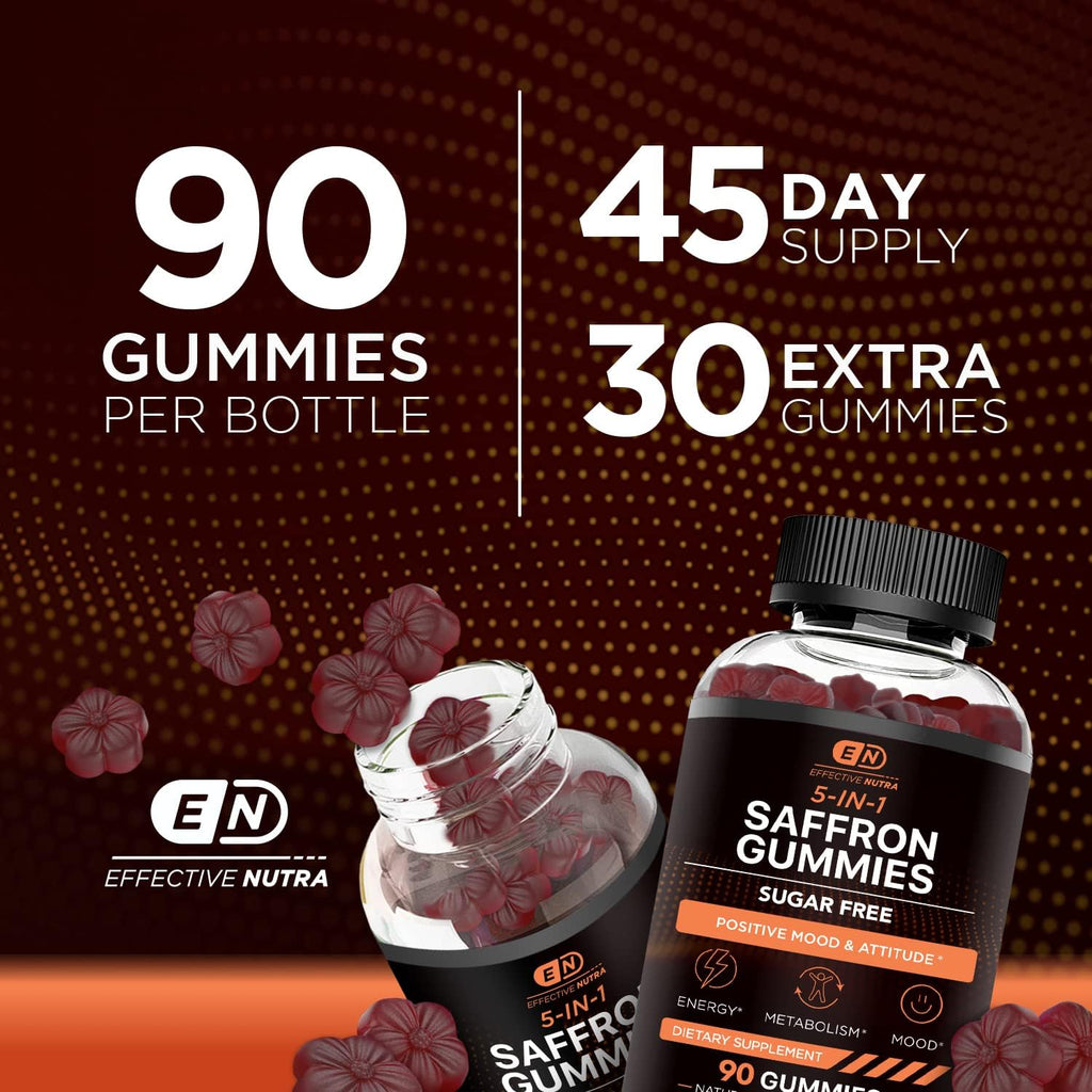 Saffron Gummies | Sugar-Free Supplement with Vitamin D2, Passion Flower, St. John’s Wort & GABA | Positive Mood, Digestion, Energy | Natural Berry Flavor, Made in USA (90 Count)