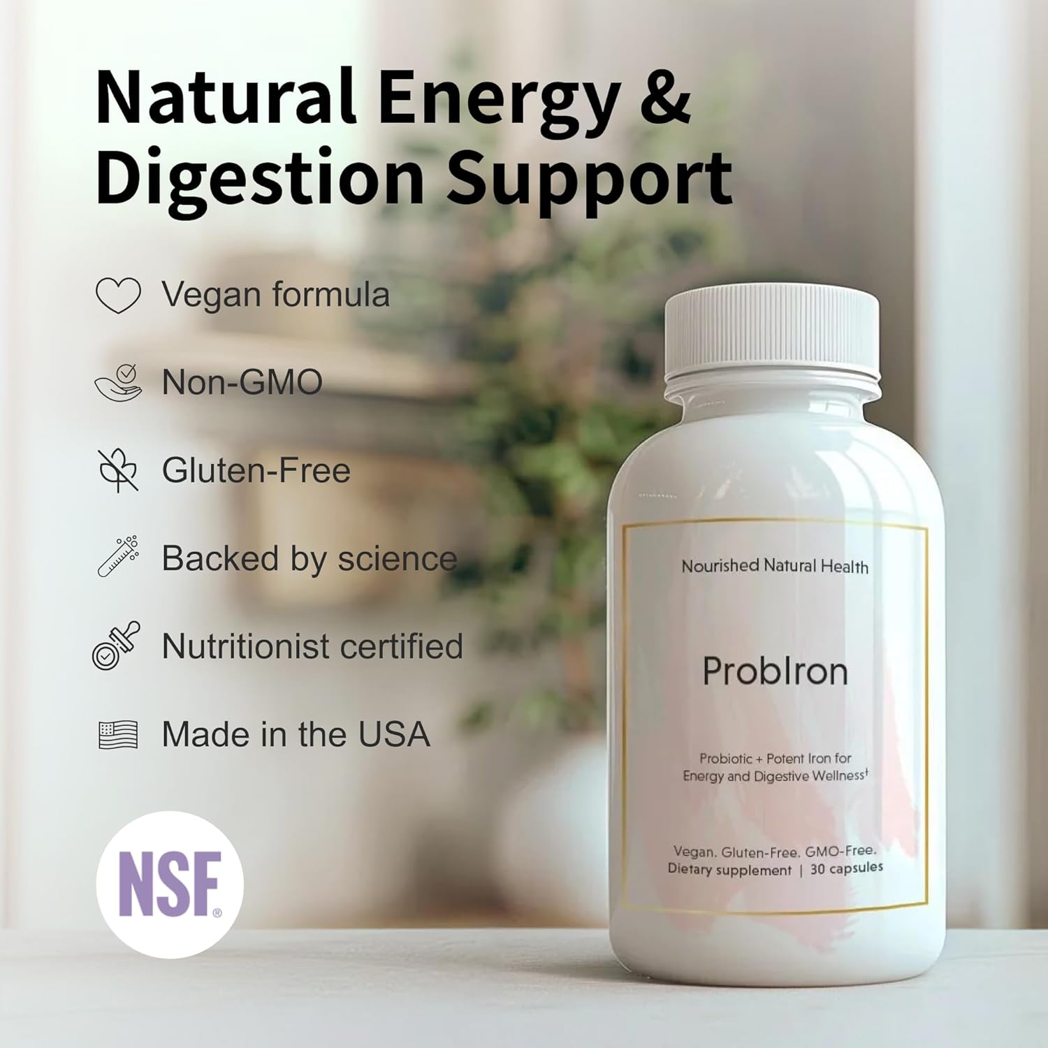 Nourished Natural Health ProbIron - Women's Probiotic + Iron Supplement Boosted with Vitamin C and Copper - Vegan Formula for Energy and Digestive Wellness - 180 Capsules