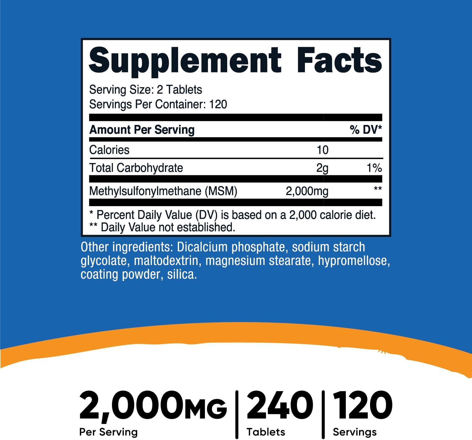 Nutricost MSM Tablets (Methylsulfonylmethane) 2000mg Per Serving, 120 Servings, 240 Tablets - Non-GMO and Gluten Free
