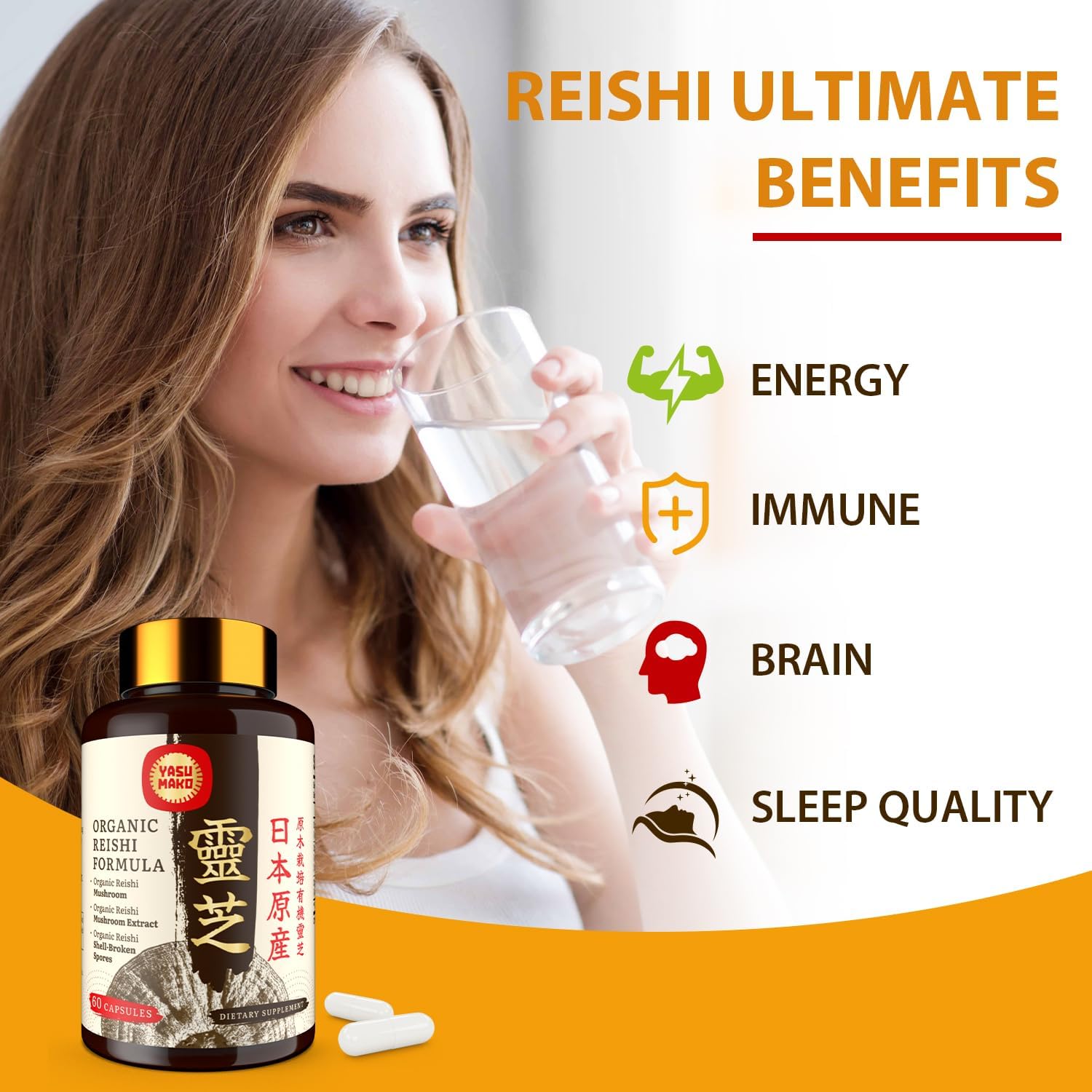 Japanese Reishi Mushroom Supplement 800mg with Reishi Mushroom Extract 500mg & Shell-Broken Spores 200mg,Organic Mushroom Capsules for Immune System - Real Fruiting Body (Pack of 2)