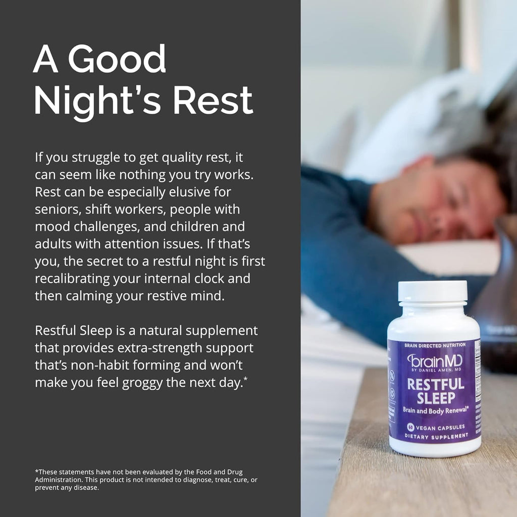 Dr. Amen brainMD Restful Sleep - 60 Capsules - Promotes Relaxation & Calm, Contains Melatonin, Valerian, GABA & Magnesium, Non-Habit Forming - Gluten-Free - 15 Servings