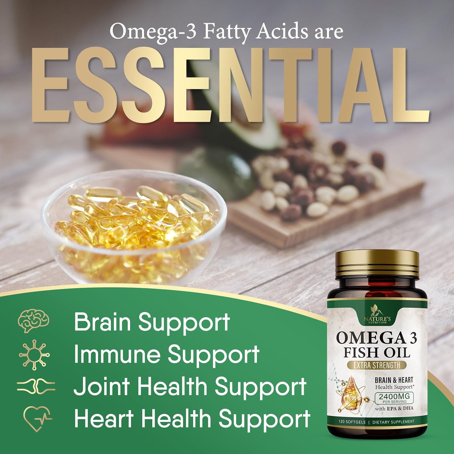 Omega 3 Fish Oil Supplements 2400 mg - Triple Strength Omega3 - EPA & DHA with Essential Fatty Acids - Natural Immune, Brain & Heart Health Support - Burpless, Lemon Flavor, Wild Caught - 120 Softgels