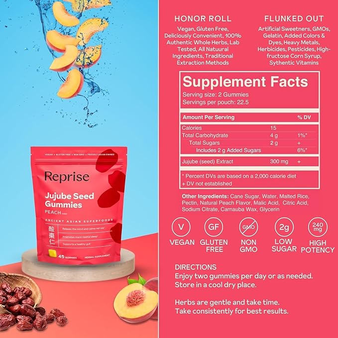 Reprise Jujube Seeds in Daily Gummies, 300 mg Full-Spectrum Jujube Seeds, Supports Relaxation & Restful Sleep, 100% Plant Based Vegan & Gelatin Free, Peach Flavored, 45 Gummies (Pack of 3)