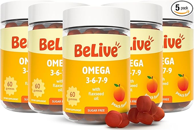 BeLive Organic Omega 3 Gummies - Omega 3 6 9 7 DHA & EPA from Flaxseed Oil & Sea Buckthorn Fruit Oil, Vegan, for Kids & Adults, Full Body, Brain & Eye Support, Sugar Free – Peach | 5-Pack