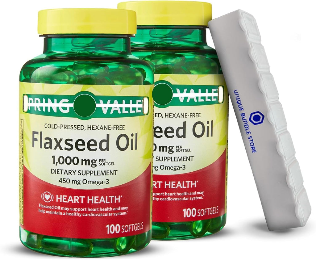 Flaxseed Oil 1000mg, 100 Softgels - Dietary Supplement + 7 Day Pill Organizer Included (Pack of 2)