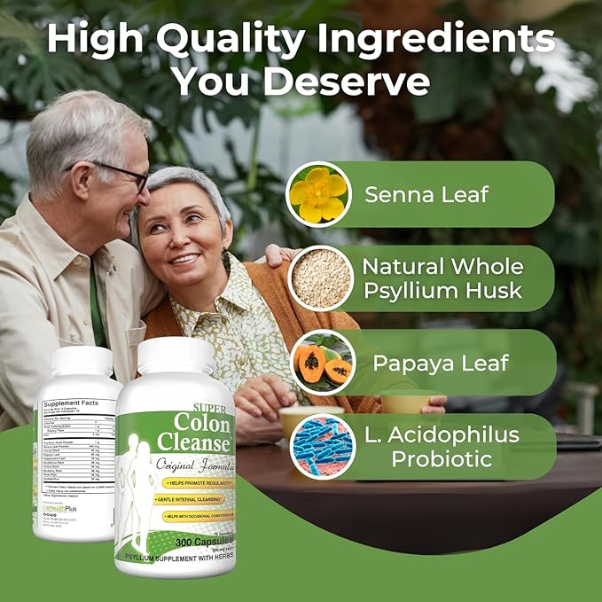 Health Plus Super Colon Cleanse Original Formula (1990-2025), 300 Capsules, 6 Cleanses - Digestive Support, Constipation Relief with Psyllium Husk and Senna Leaf
