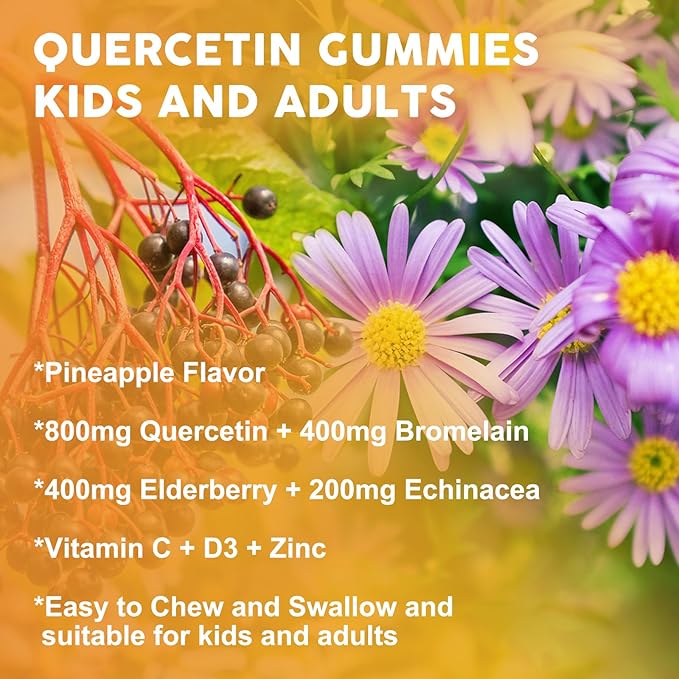 Quercetin Gummies with Bromelain for Adults & Kids - 800mg Quercetin with Bromelain, Elderberry, Vitamin C, D3 - Immune, Seasonal Wellness Support - Sugar Free, Vegan, Pineapple Flavor, 60 Ct (2 Pack)