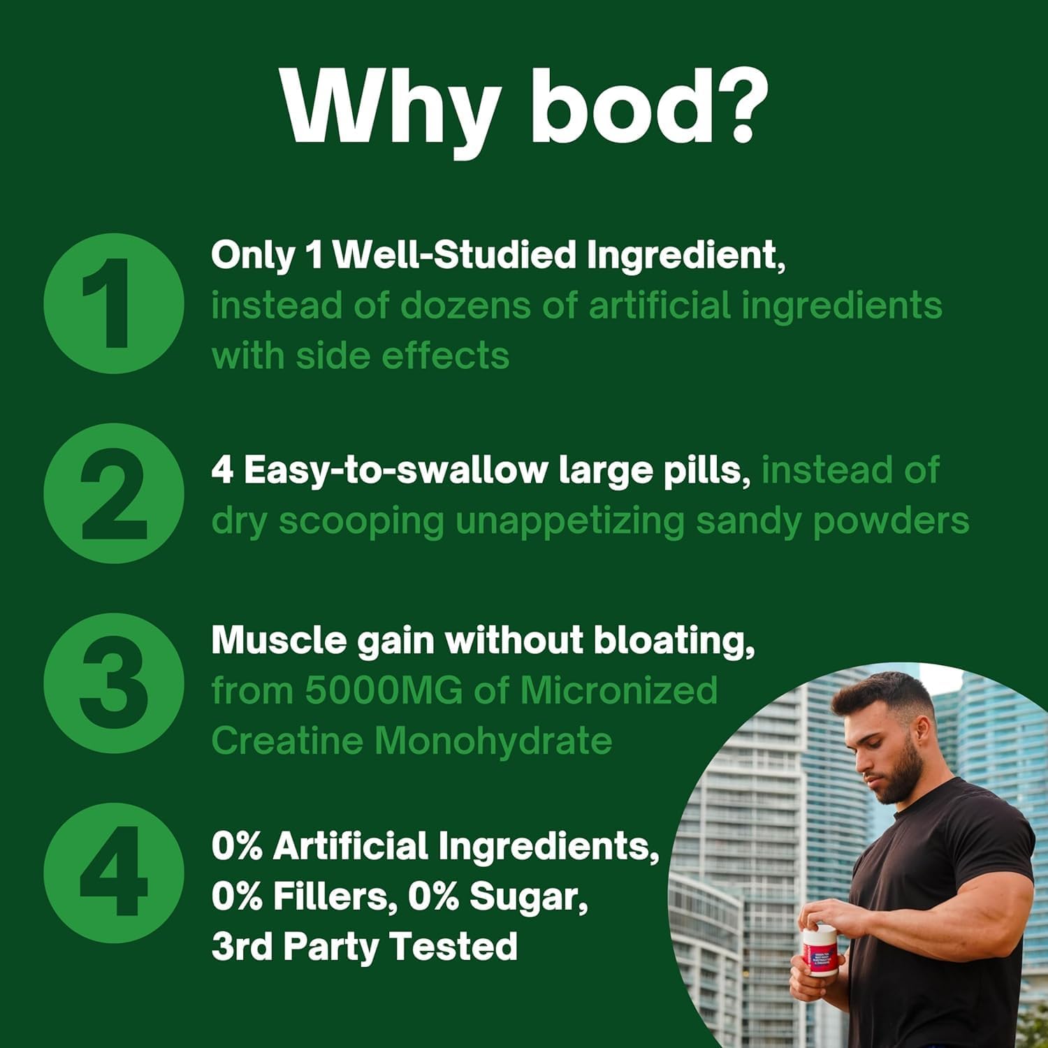 BOD Creatine Monohydrate Pills for Muscle Support, Vegan Pre or Post-Workout Creatine Capsules for Women and Men, 5g Micronized & Instantized, Creatina Monohidratada, 180 Capsules