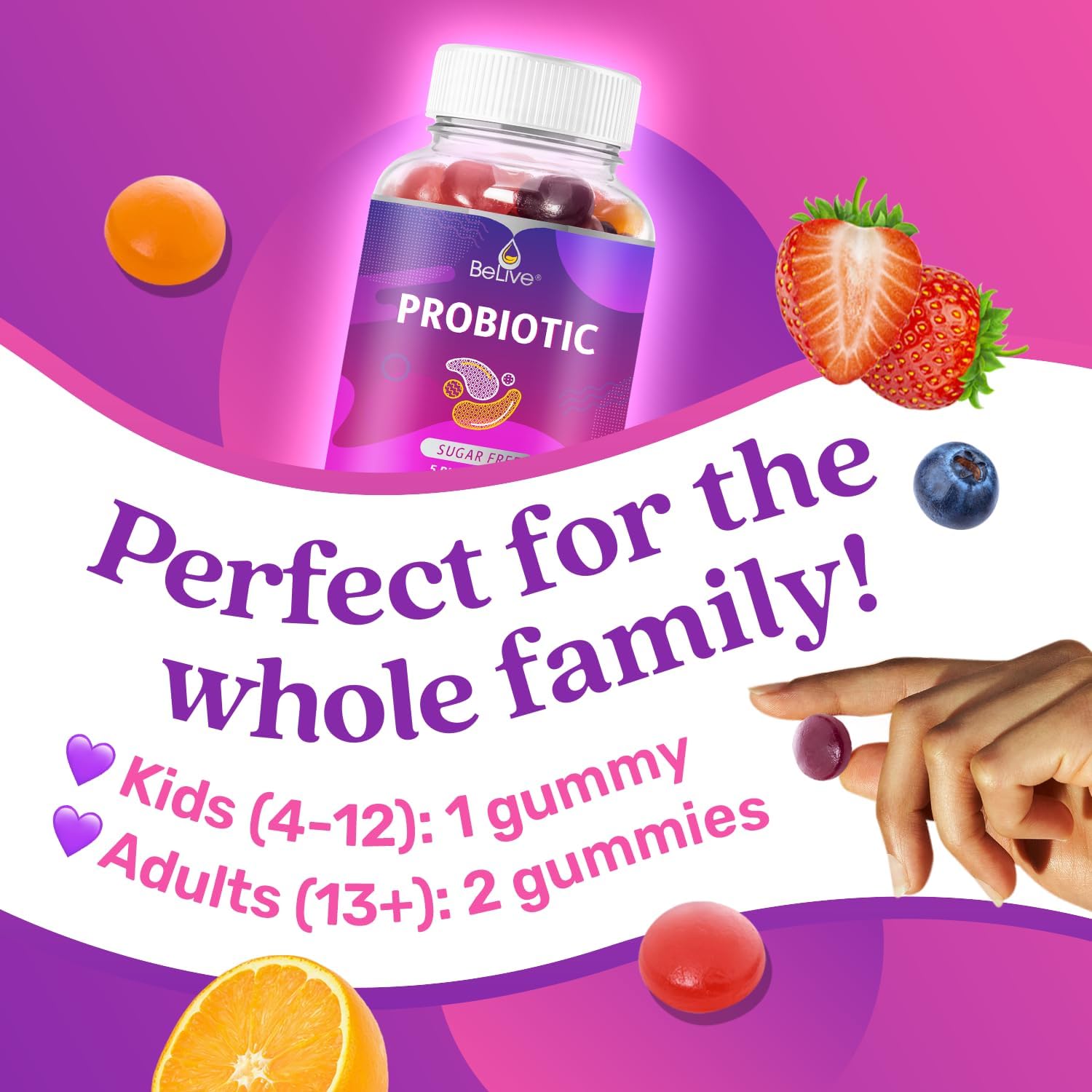BeLive Probiotic Gummies - Probiotics with 5 Billion CFUs for Digestive Health, Men, Women & Kids - for Immune Support, Sugar Free & Vegan | 60 Ct – Blueberry, Strawberry & Orange