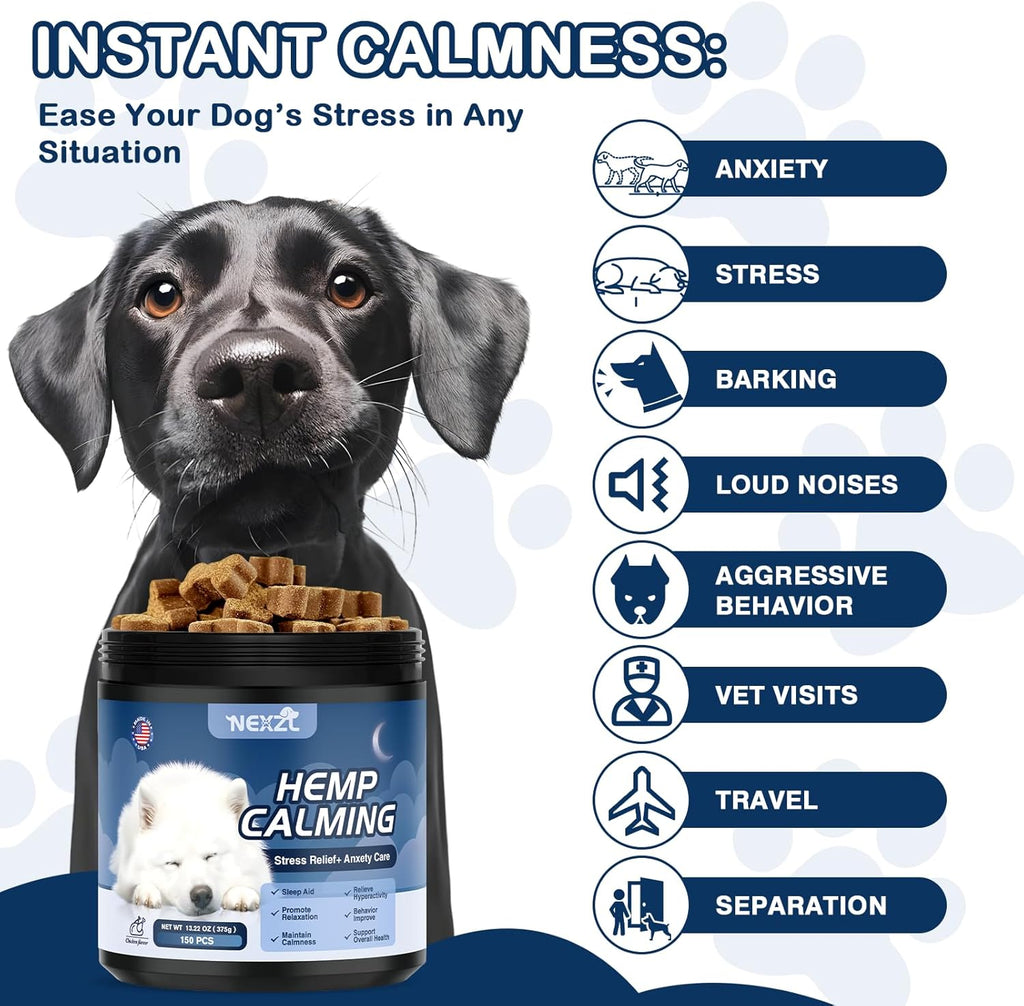 Hemp Calming Chews for Dogs 300ct with Melatonin-Stress & Anxiety Relief Sleep Aid Treats for Small/Medium/Large Dogs- Fireworks, Thunder, Barking, Separation Vet Approved Made in USA Chicken Flavor