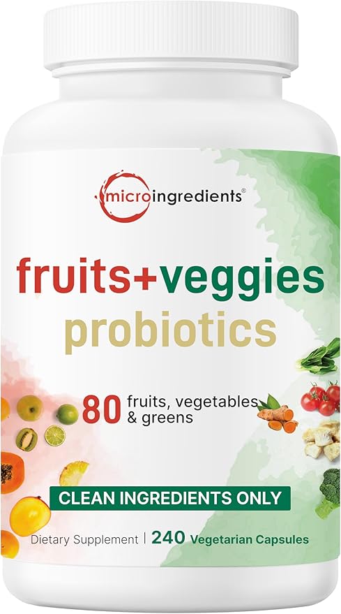 Micro Ingredients Fruit and Veggies Supplement with Probiotics, 240 Vegetarian Capsules | 80+ Super Greens & Fruits Complex | Immune, Gut & Digestive Health Support