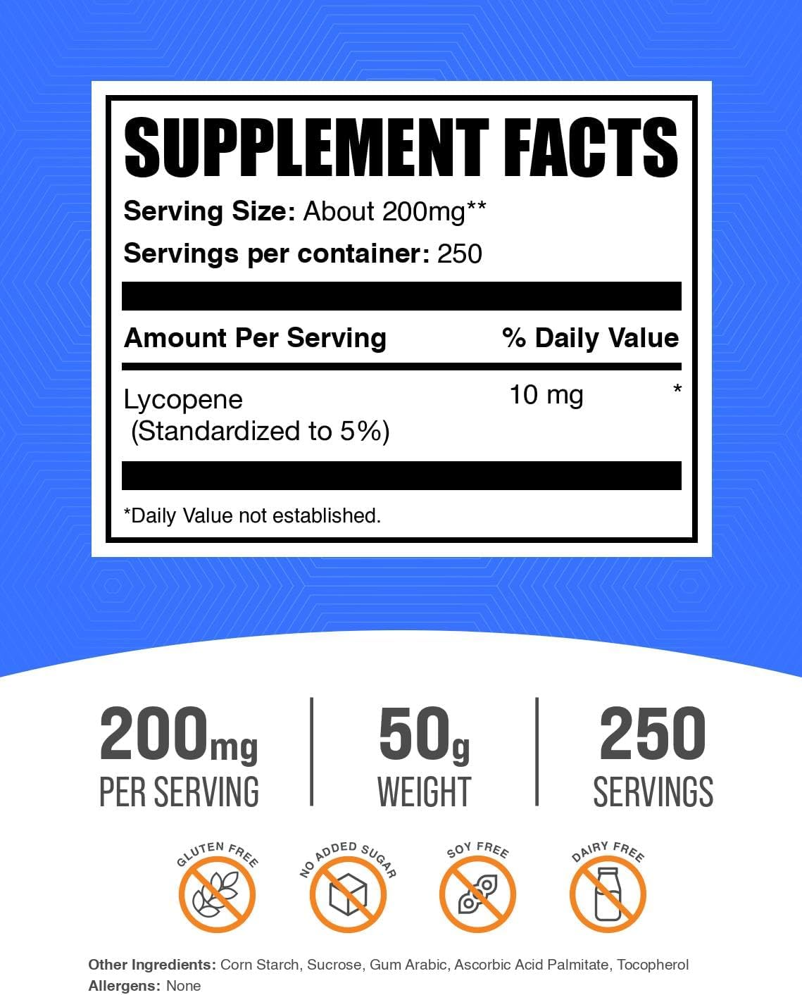 BulkSupplements.com Lycopene Powder - Lycopene Supplement, Lycopene 10mg - Antioxidants Supplement, Gluten Free, 200mg per Serving, 50g (1.8 oz) (Pack of 1)