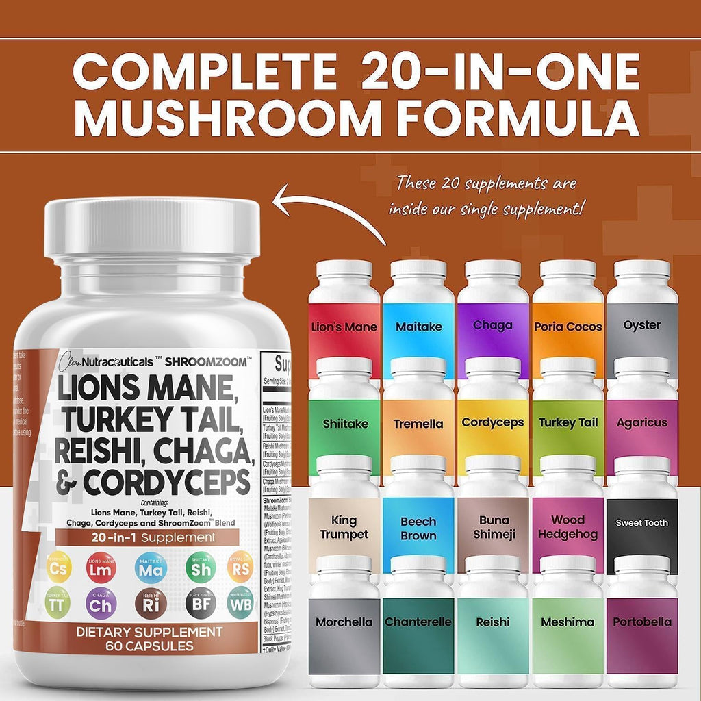 Clean Nutraceuticals Lions Mane 20in1 Mushroom Supplement with Turkey Tail Reishi Cordyceps Chaga Maitake Meshima Poria Cocos Shiitake Oyster Porcini Enoki - 2Pack