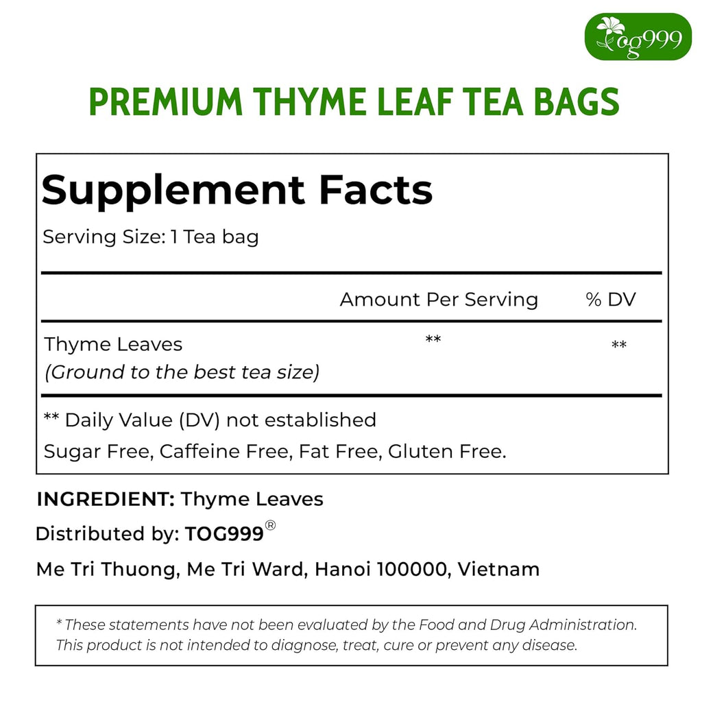 TOG999, Premium 40 Thyme Leaf Tea Bags, 100% Natural & Pure, Loose Leaf Herbal Tea. Thyme Leaf Tea. No Sugar, No Caffeine, No Gluten, Vegan.