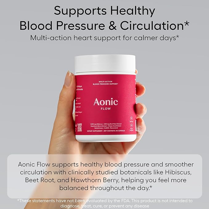 AONIC Flow | Healthy Blood Pressure Support | Multi-Action Formula with 1gr Hibiscus, 400mg Beet Root Extract (100mg Nitrates) CoQ10, Resveratrol & Hawthorn, Non-GMO & Vegan (90 Capsules)