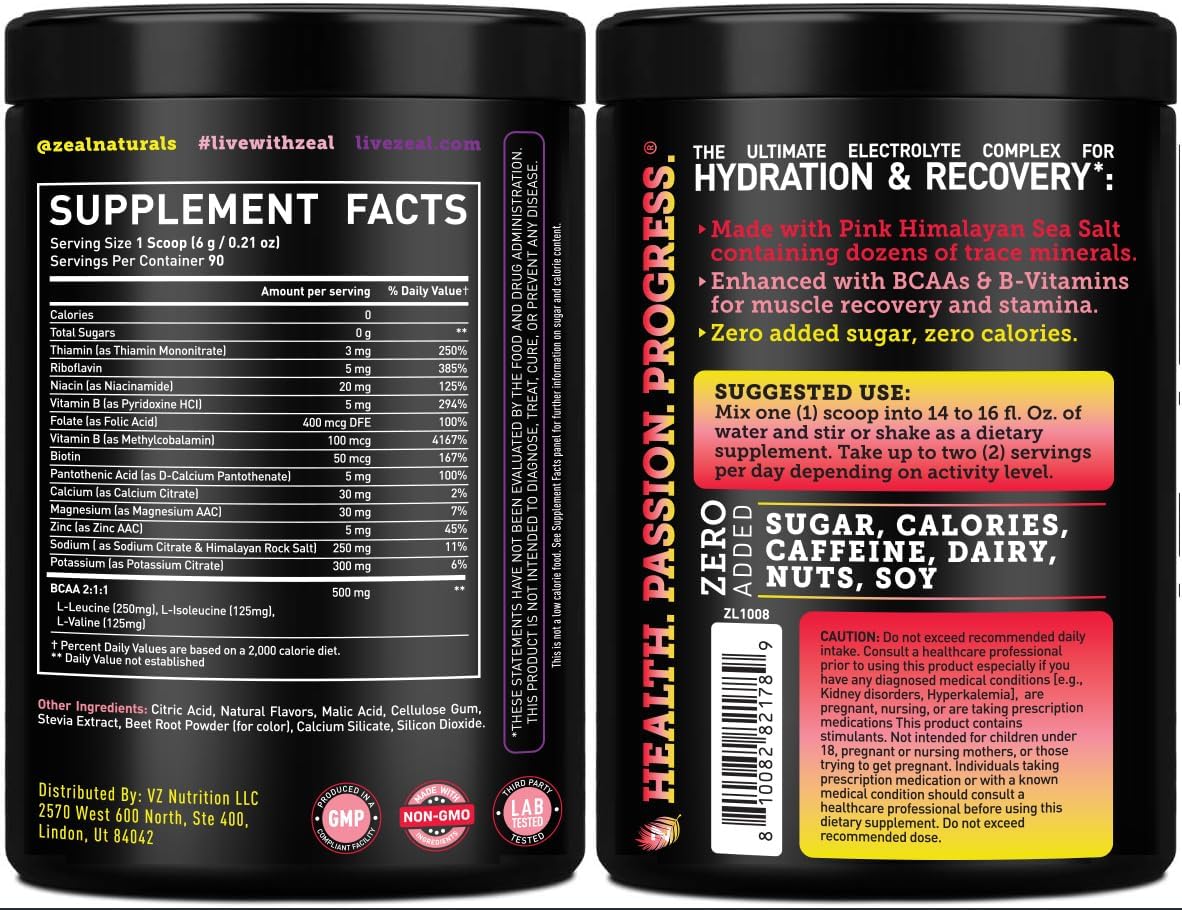 Zeal Electrolyte Powder - 90 Servings | Keto Electrolytes Powder | Zero Sugar, BCAAs, B-Vitamins | Potassium, Zinc, Magnesium | Hydration Powder Recovery Drink | Pink Lemonade
