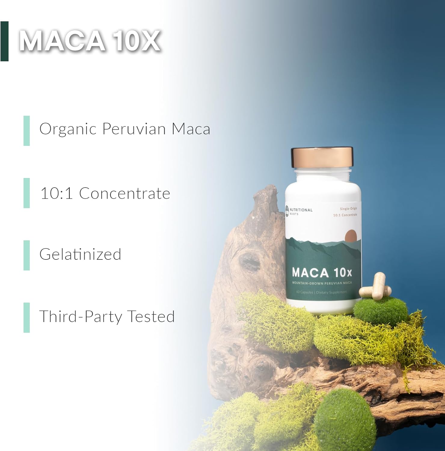 Maca Root Capsules: Peruvian Maca 10x, Made with Organic Maca Powder (Lepidum meyennii), 10:1 Concentration, Single-Origin, Vegan, Gelatinized Maca Supplement, 60 ct.