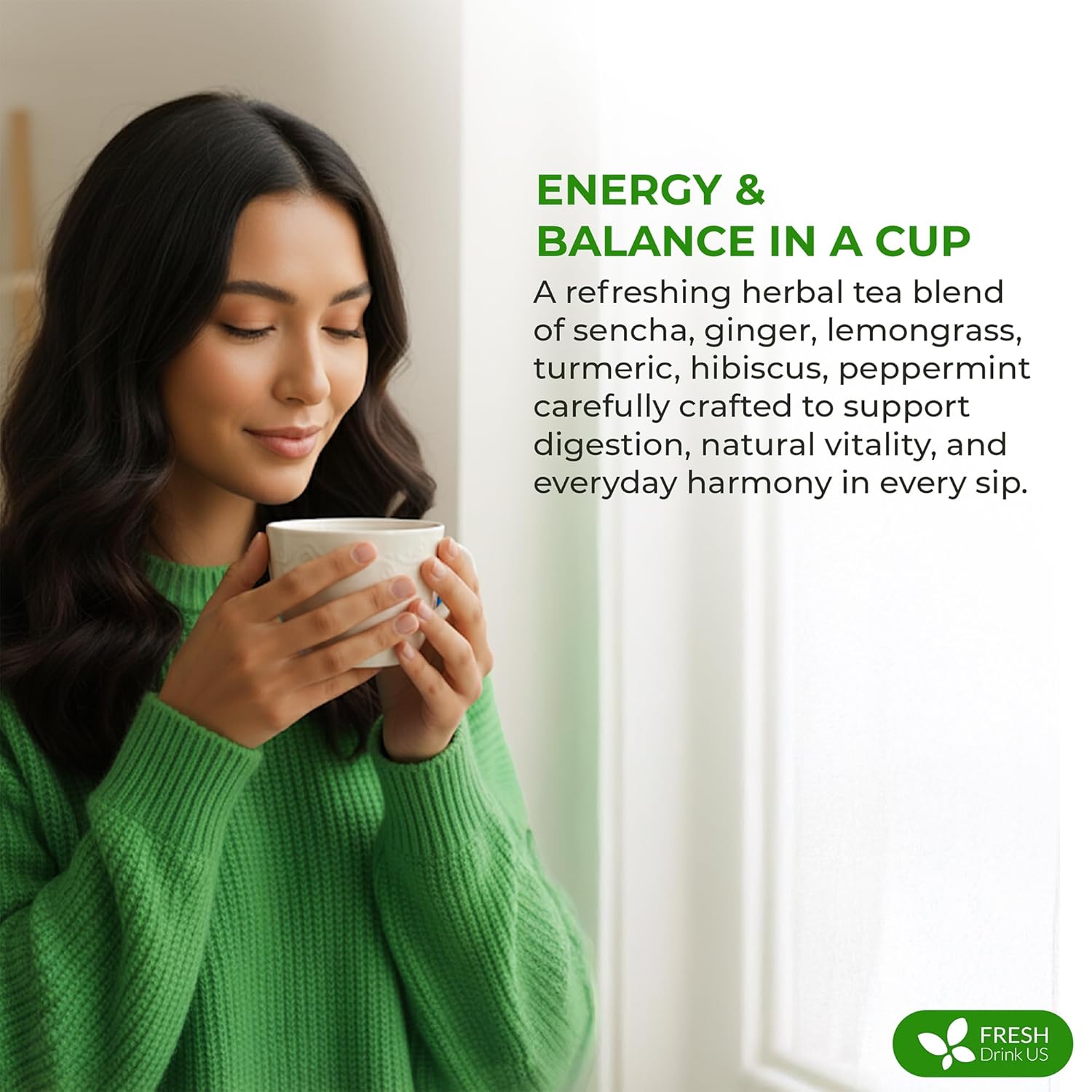 FreshDrinkUS, Premium Green Ginger Tea | 135 Tea Bags | Sencha Green Tea with Ginger, Lemongrass, Turmeric, Hibiscus & Peppermint | Natural Herbal Blend | Comfort & Refreshing, Vegan