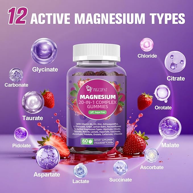 Magnesium Complex Gummies, 20 in 1 Magnesium Gummy with Glycinate Citrate Malate Taurate - Ashwagandha, L-Theanine, D3&Zinc for Relaxation, Sleep, Muscle&Heart Support, Strawberry, 60 Cts
