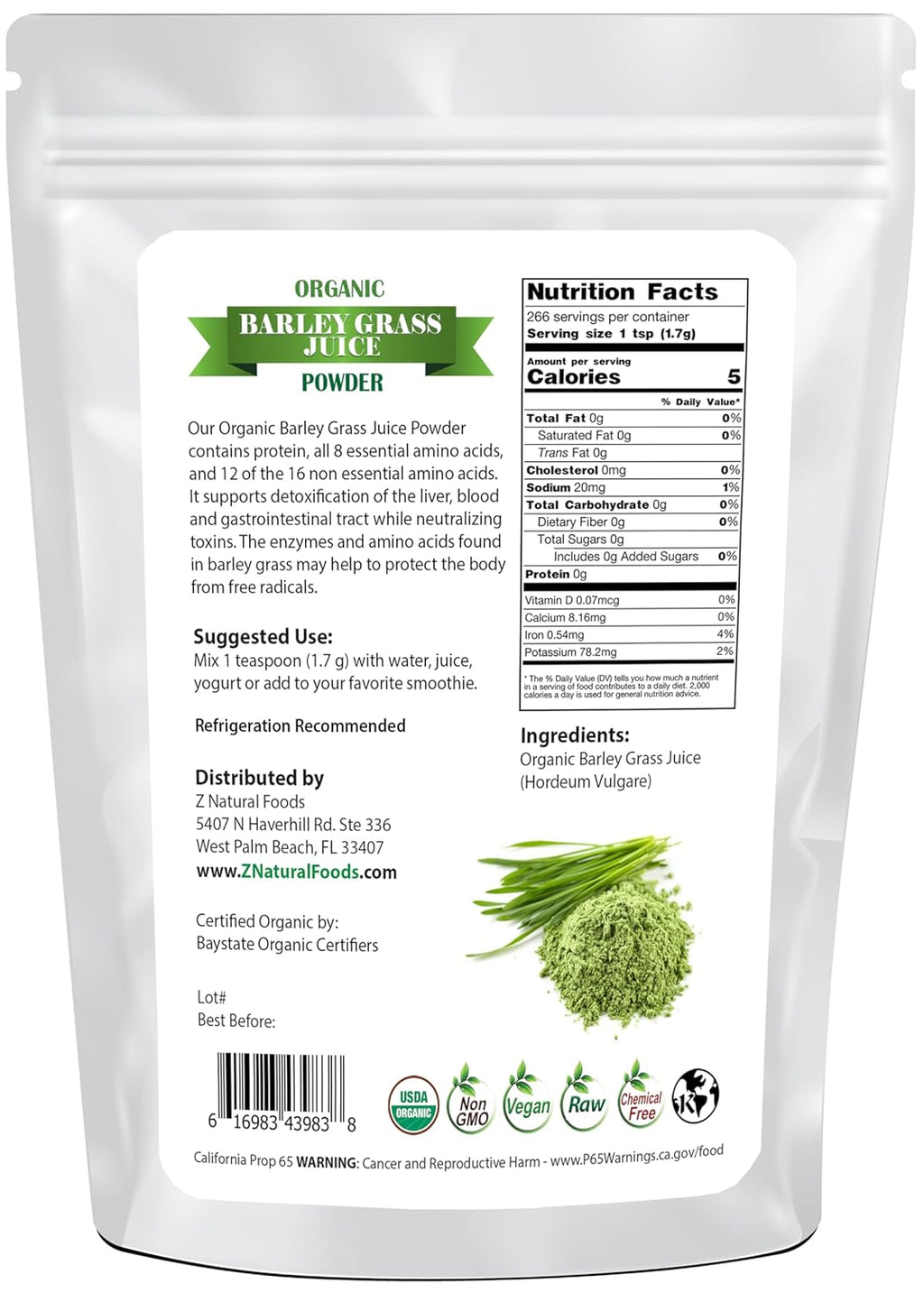 Z Natural Foods Organic Barley Grass Juice Powder - Made in USA, USDA Organic Nutrient-Dense Green Drink Mix for Energy, Detox with Amino Acids - Antioxidant Juice Blend for Water, Smoothies, 1 lb