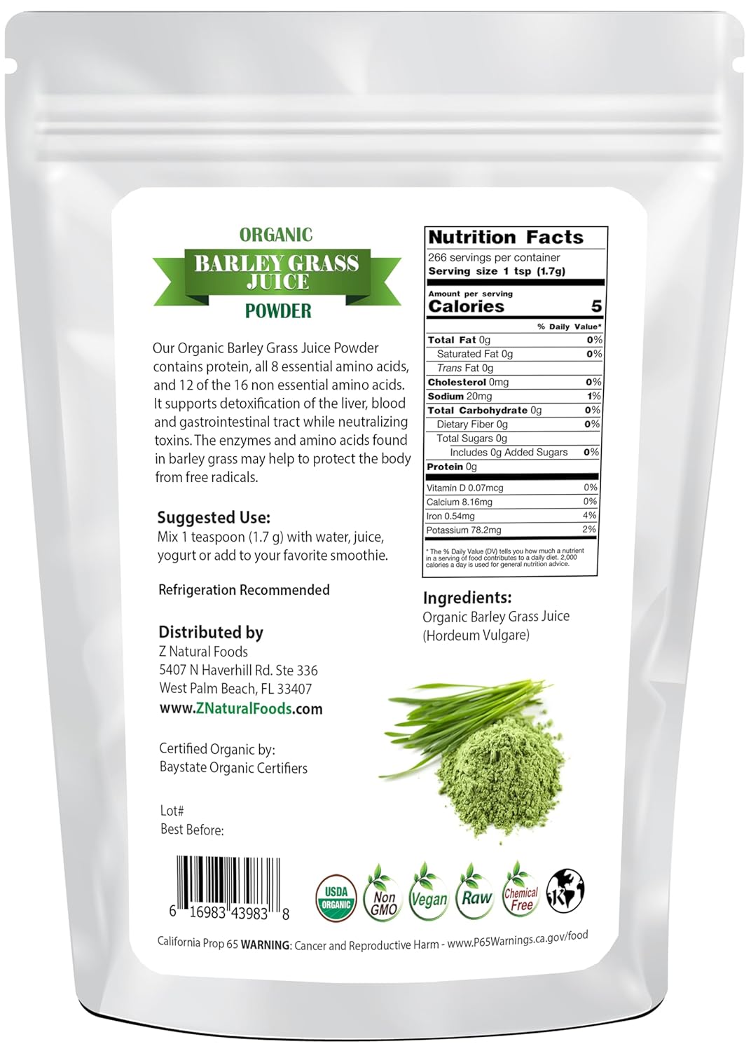 Z Natural Foods Organic Barley Grass Juice Powder - Made in USA, USDA Organic Nutrient-Dense Green Drink Mix for Energy, Detox with Amino Acids - Antioxidant Juice Blend for Water, Smoothies, 1 lb