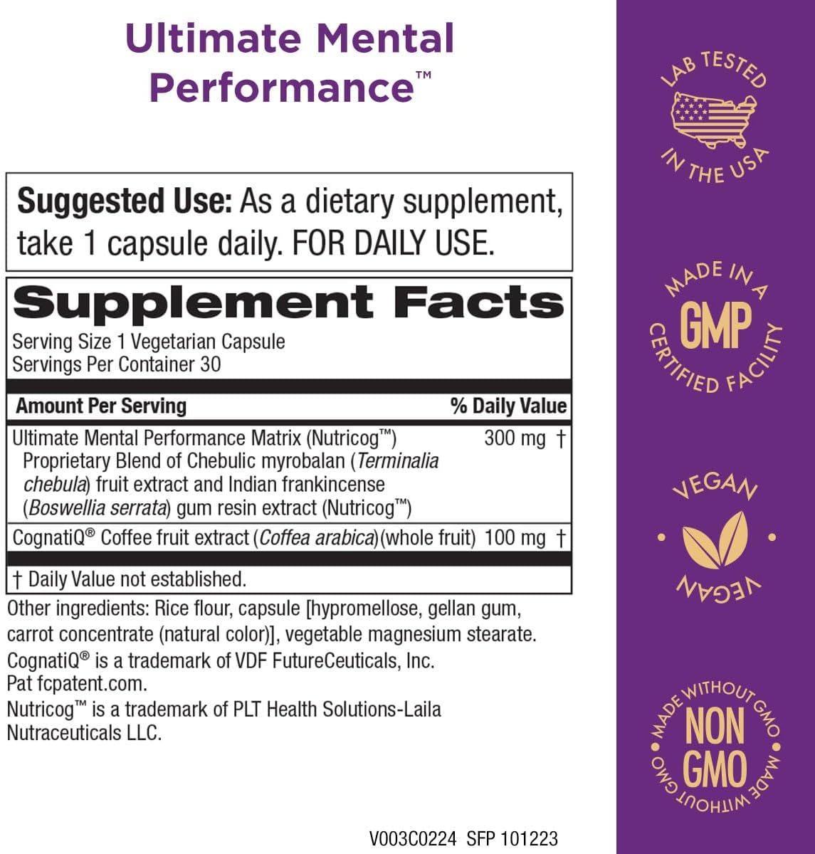 Purity Products Ultimate Mental Performance Supports Memory Recall, Mental Focus + More - Nootropic Powerhouse ft. Patented Botanical Plant-Based Ingredients - Vegan & Non-GMO - 30 Veggie Caps