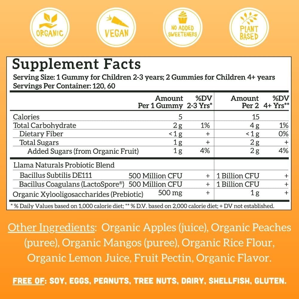 Llama Naturals Kids Probiotic with Prebiotic Fiber, Vegan, Organic Prebiotics and Probiotics Gummies for Gut Health Support, Toddler Real Fruit Gummy Vitamins, No Added Sugar Cane, Peach Mango, 120 Ct