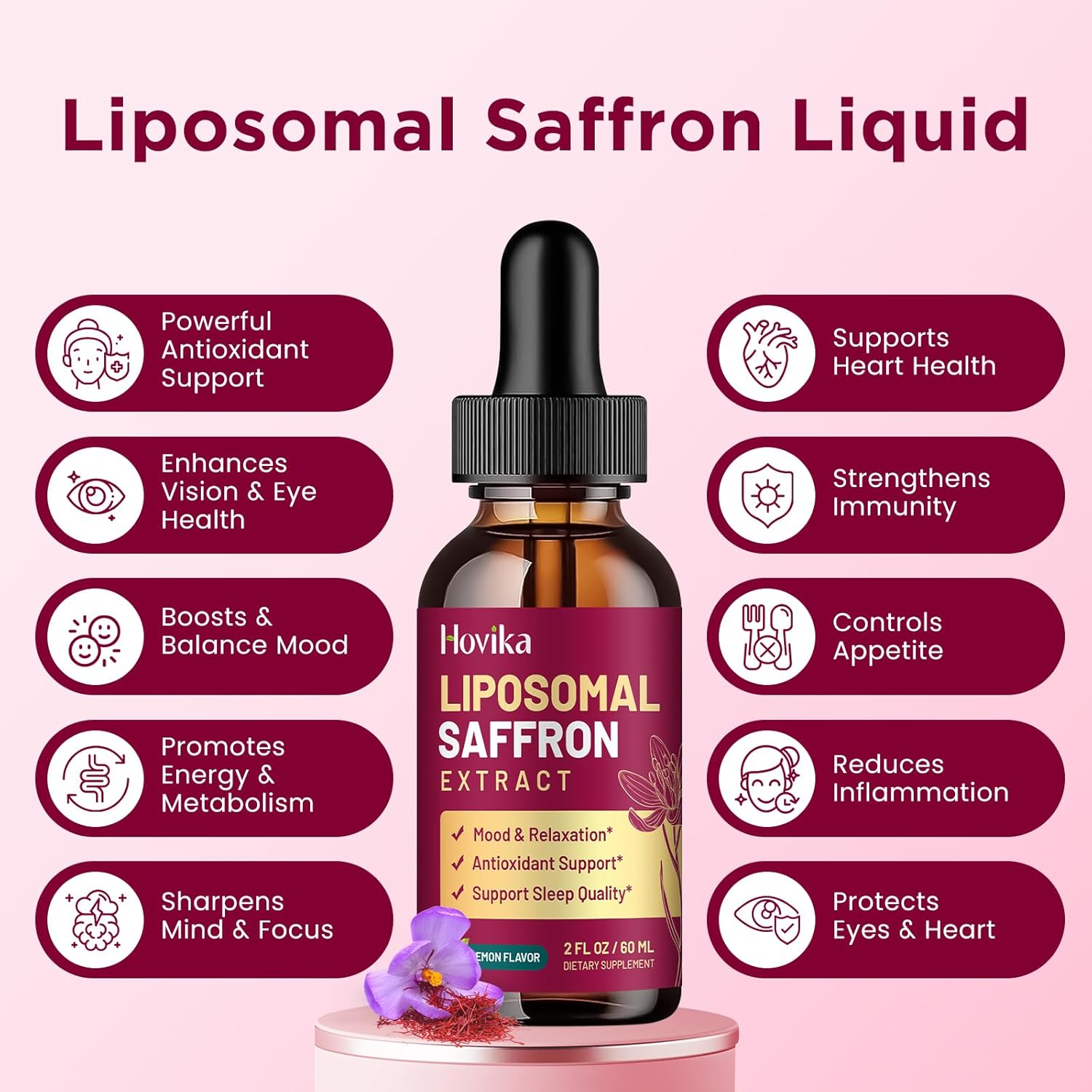 Liposomal Saffron Supplements - 88.5mg Saffron Extract Liquid Drops with L-Theanine, Chamomile, Vitamin C, B6, B12 & D3 for Antioxidant, Immune, Mood, Energy, Focus & Sleep - 2 Fl Oz Lemon Flavor