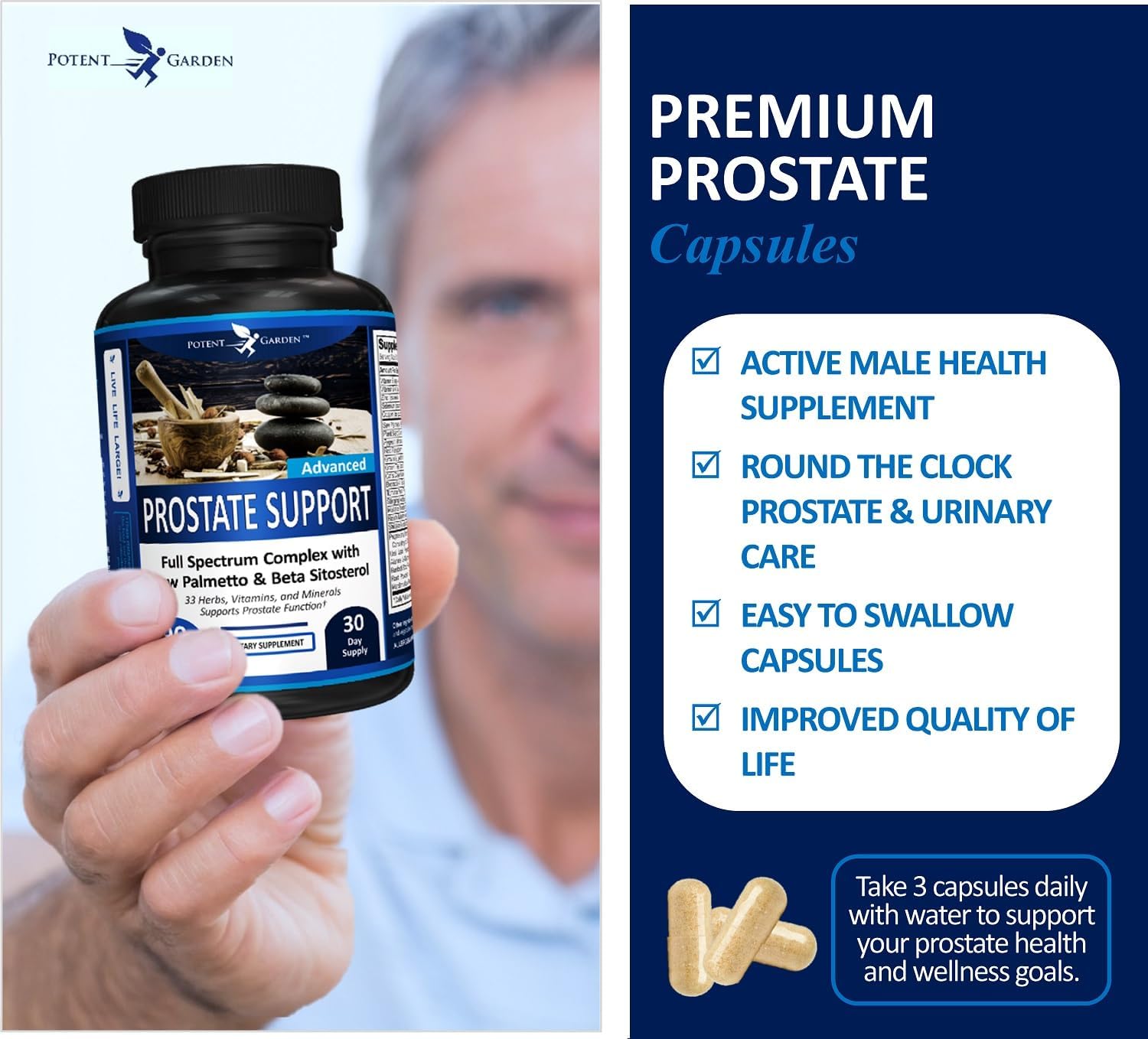 Potent Garden Prostate Support 33 Herbs Including Beta Sitosterol, Pygeum and Saw Palmetto for Men Prostate Health Supplements for Men, 90 Caps