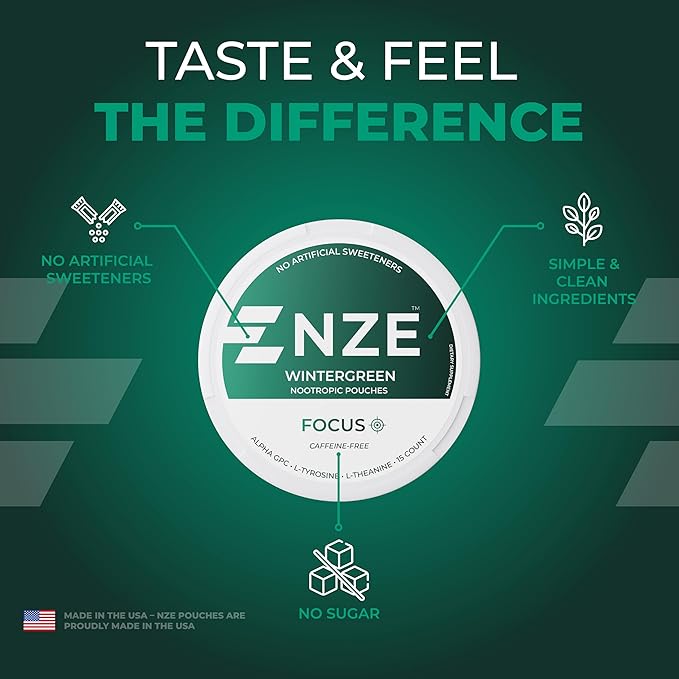 NZE Caffeine Free Nootropic Pouches (Wintergreen) - Nootropic Pouches with Alpha GPC, L-Tyrosine & L-Theanine - No Sugar or Artificial Sweeteners - 15 Pouches Per Can - 5 Pack