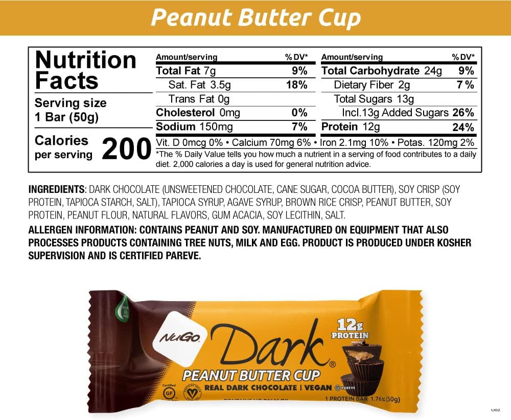 NuGo Dark Chocolate Peanut Butter Cup, 12g Protein Bar, Vegan, Gluten Free, Non-GMO, Kosher Pareve 12 Count