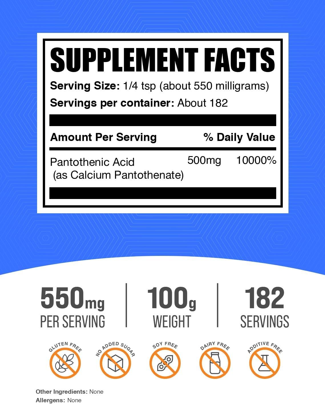 BulkSupplements.com Vitamin B5 Powder - as Calcium Pantothenate, B5 Vitamins - Gluten Free, 500mg of Vitamin B5 Pantothenic Acid per Serving, 100g (3.5 oz) (Pack of 1)