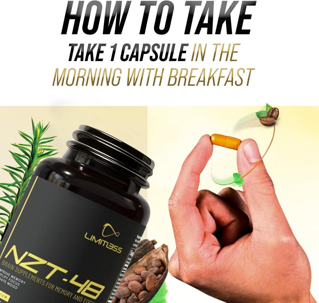 NZT-48 Brain Booster | Nootropic Brain Supplements for Memory and Focus | Premium Natural Energy Supplement with Caffeine, Phosphatidylserine, Vitamins B6 & B12, Ashwagandha | 30 Servings