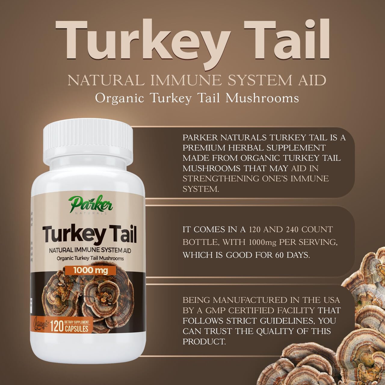 Turkey Tail Mushroom Capsules - Organic Mushroom Supplement for Immune System Health Support - 1000 mg Premium Mushroom Supplements - 120 Capsules