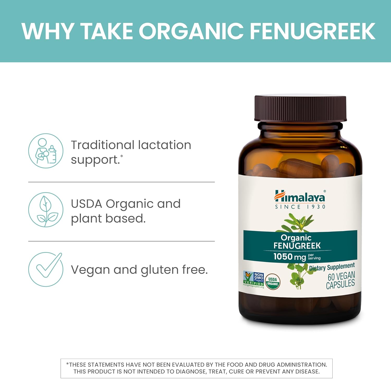 Himalaya Organic Fenugreek for Daily Wellness, Warming and Energizing Properties, 1,050 mg, 60 Vegan Capsules