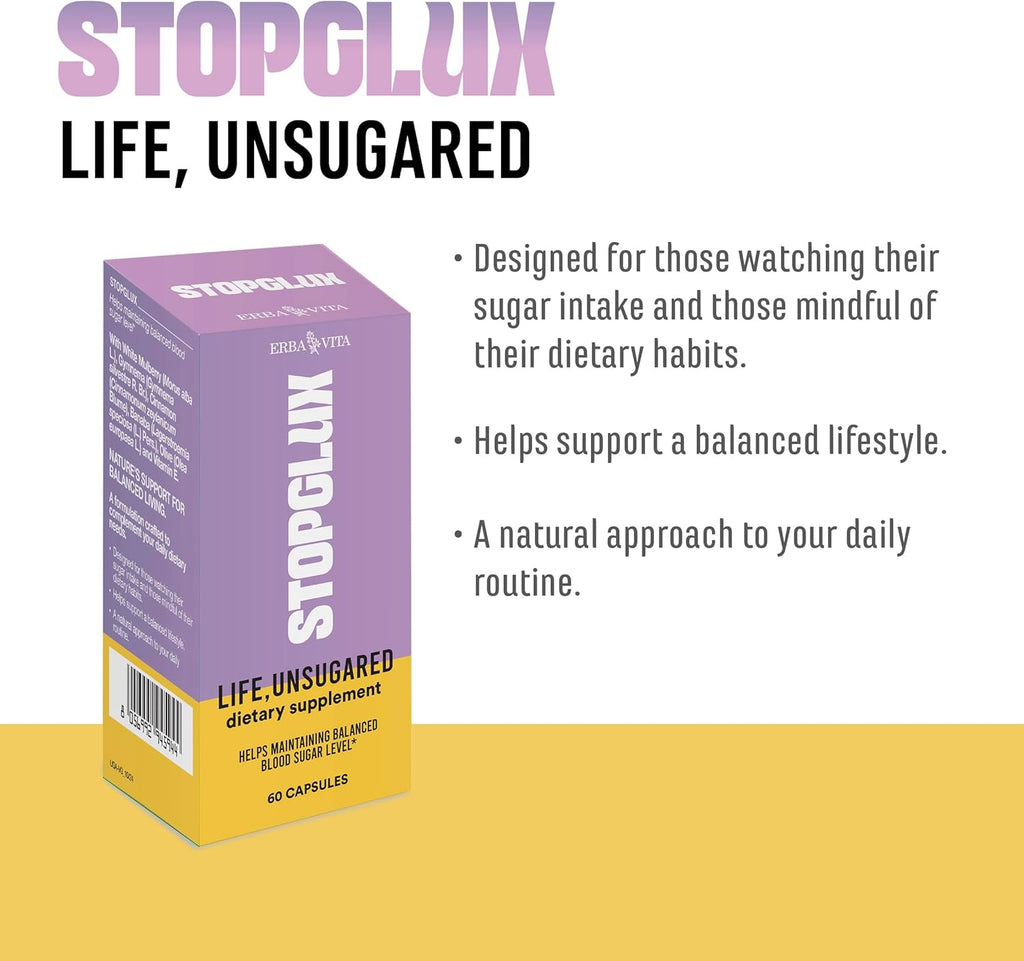 Stopglux 60 Capsules – Dietary Supplement for Sugar Intake and Dietary Habits with Chromium Picolinate, Coenzyme Q10 and Gymnema Sylvestre