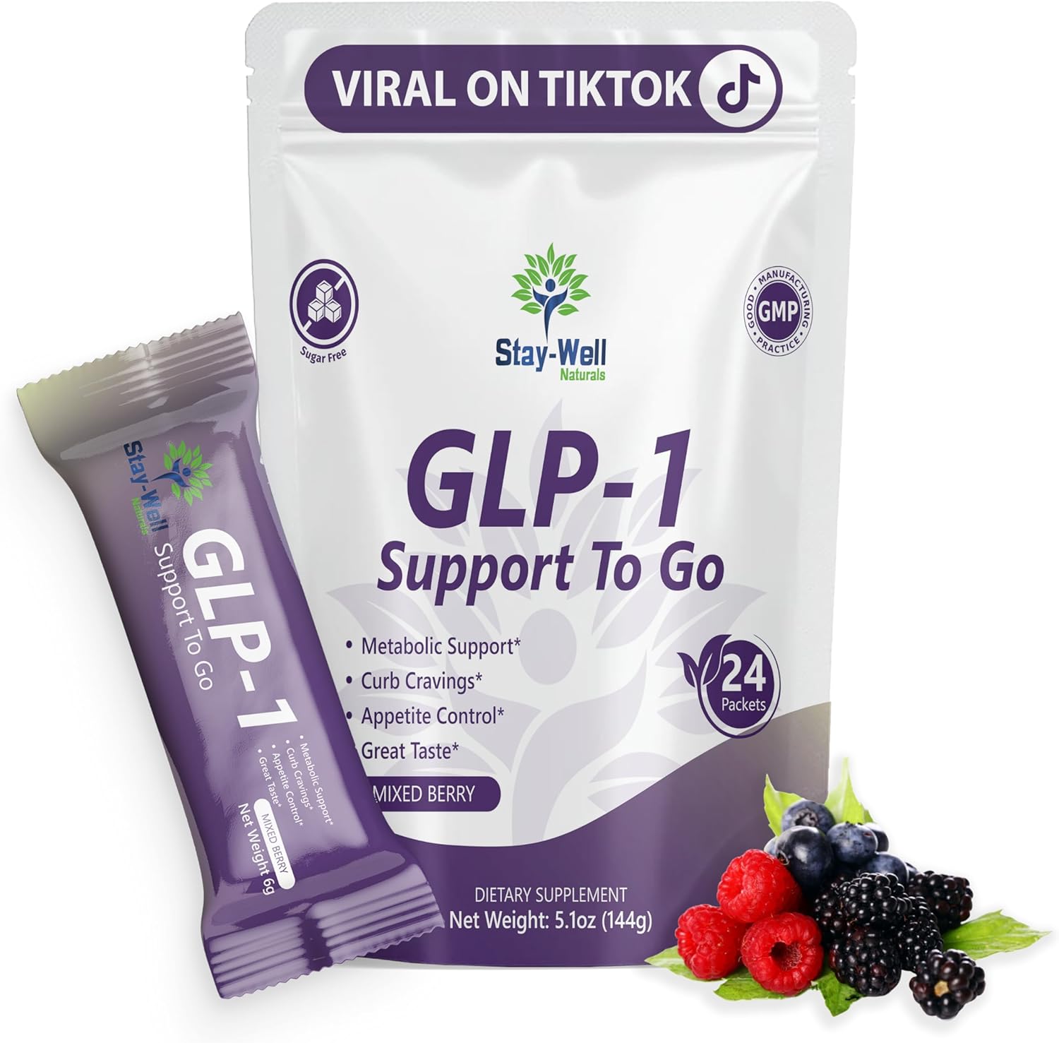GLP-1 Supplement | Natural GLP-1 Production | GLP 1 Booster Drink Mix to Control Appetite and Cravings | Great Tasting Metabolic Support - Yerba Mate, Garcinia Cambogia, Berberine [Mixed Berry]