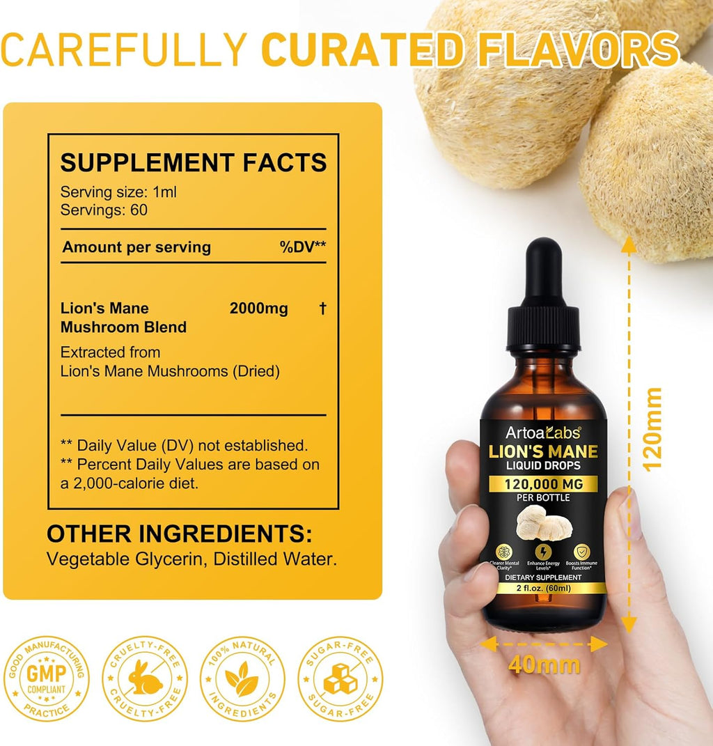 Lions Mane Mushroom Drops 120,000 MG, Brain Supplement, Brain Vitamins, Enhance Memory & Focus & Immunity, 2 Oz