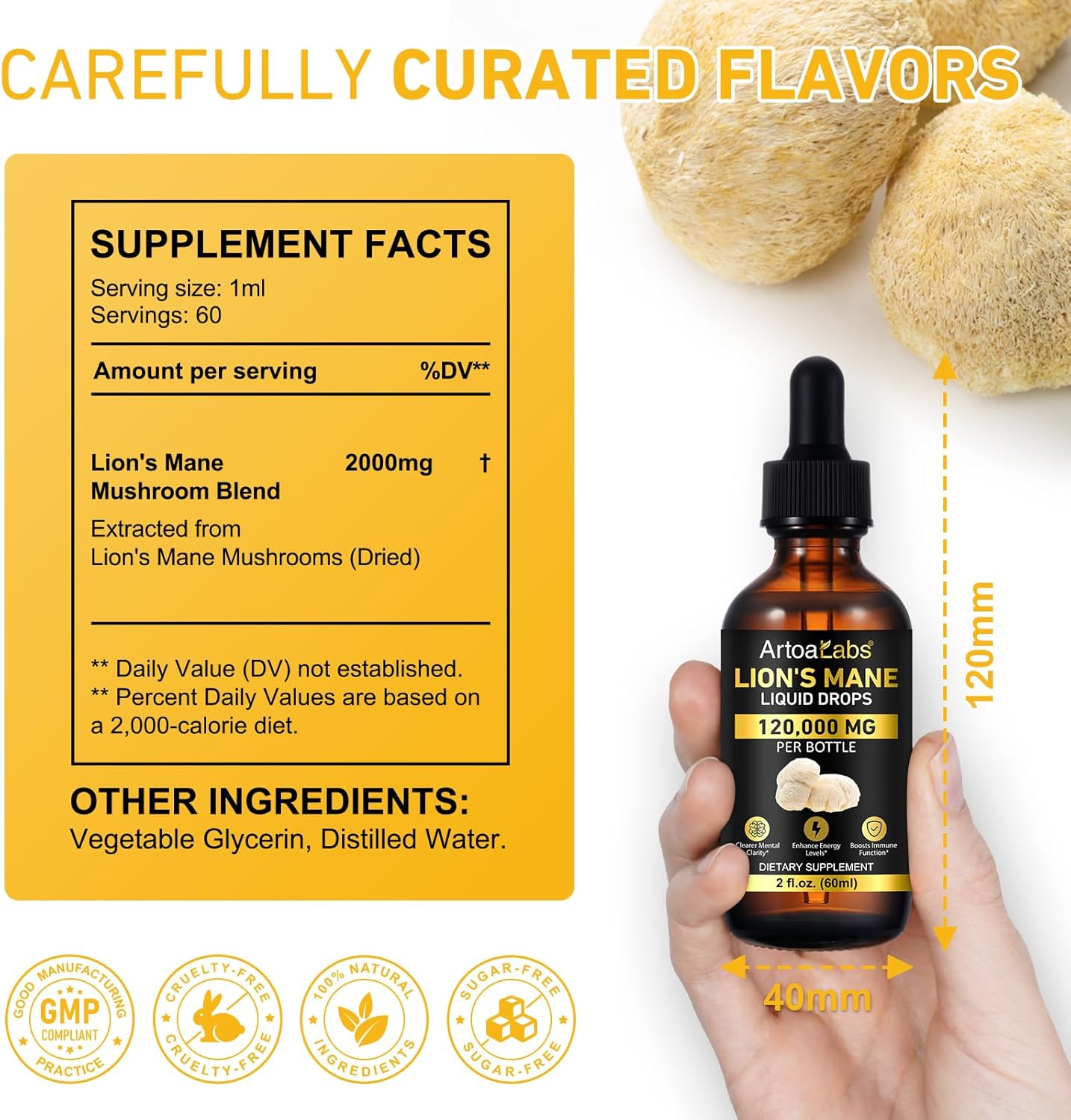 Lions Mane Mushroom Drops 120,000 MG, Brain Supplement, Brain Vitamins, Enhance Memory & Focus & Immunity, 2 Oz