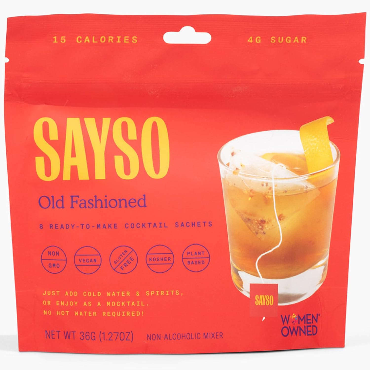 SAYSO Old Fashioned Original Craft Cocktail Tea Bag | Under 1 Min (With Bitters & Orange) | Steep in Whiskey & Cold Water |Organic, Certified Gluten-free & Non-GMO| (<4G Sugar, 15 Calories), 8 count