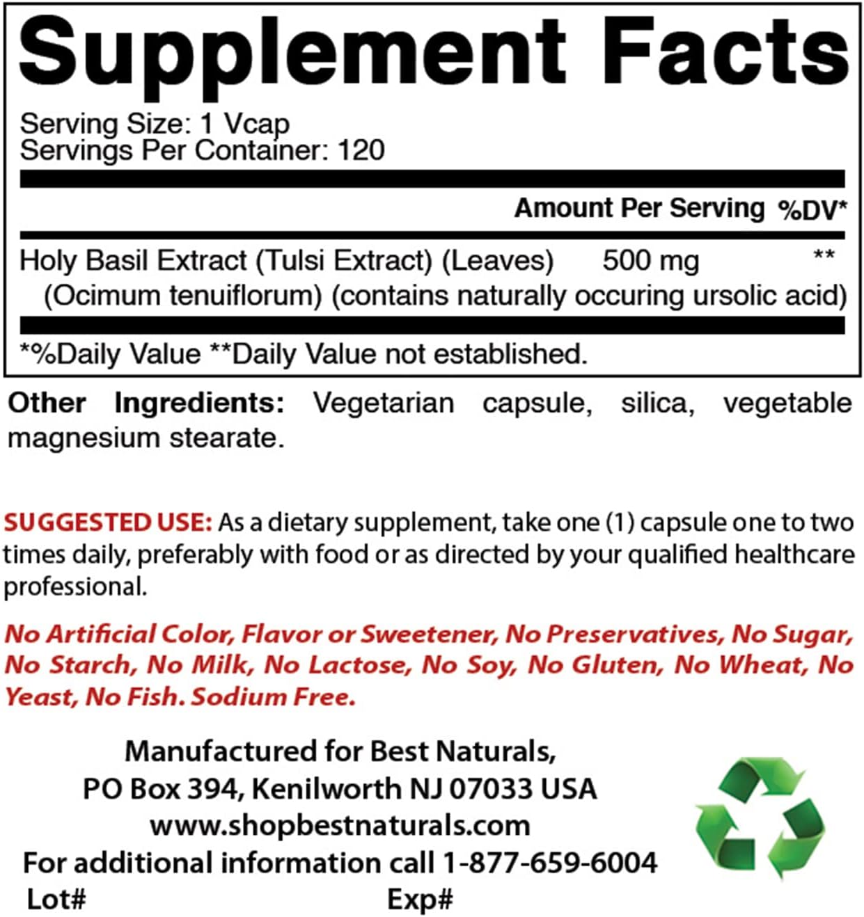 Best Naturals Holy Basil Extract 500 mg 120 VCaps (120 Count (Pack of 2))