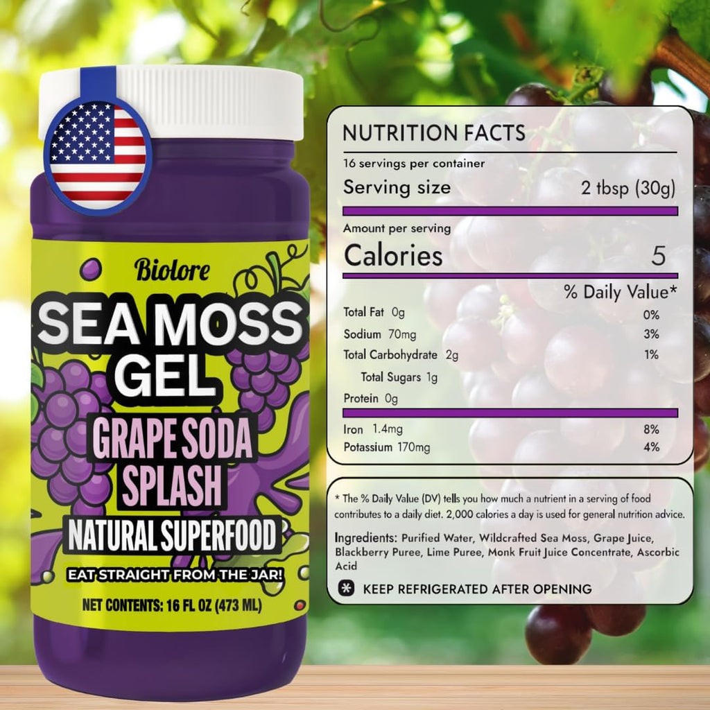 Biolore Grape Splash Sea Moss Gel 16 oz - No Added Sugar, Vegan, Made in USA - Wildcrafted Sea Moss Superfood with 92 Essential Vitamins - Ready to Use, No Prep Needed