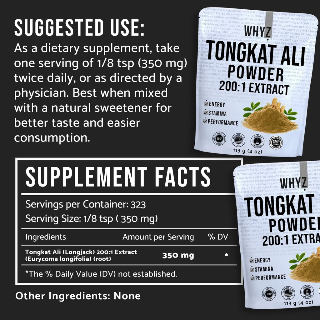 WHYZ Tongkat Ali Powder 113g, Pure Longjack 200:1 Extract Eurycoma Longifolia Supplement Powder for Increased Physical Performance and Well-Being, Longjack Tongkat Ali for Men and Women, 323 Servings