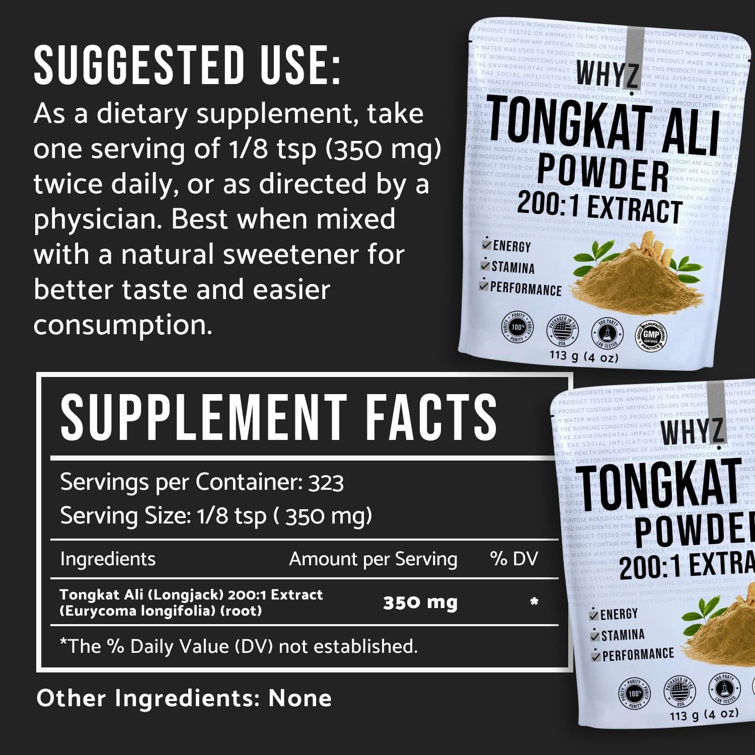 WHYZ Tongkat Ali Powder 113g, Pure Longjack 200:1 Extract Eurycoma Longifolia Supplement Powder for Increased Physical Performance and Well-Being, Longjack Tongkat Ali for Men and Women, 323 Servings