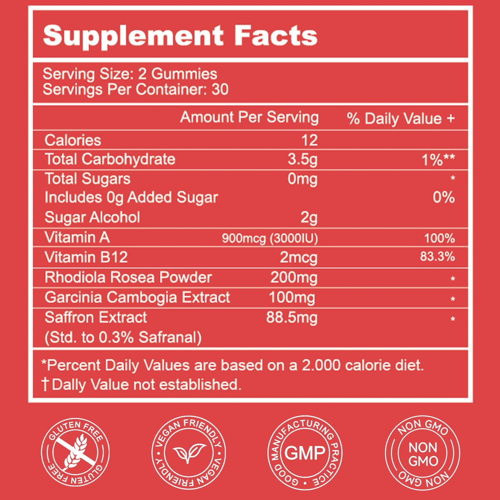 Saffron Supplements Gummies, Saffron Extract for Positive Mood & Calm Nerve, Boost Energy, with Garcinia Cambogia, Vitamin A, B12, Rhodiola Rosea - 120 Gummies