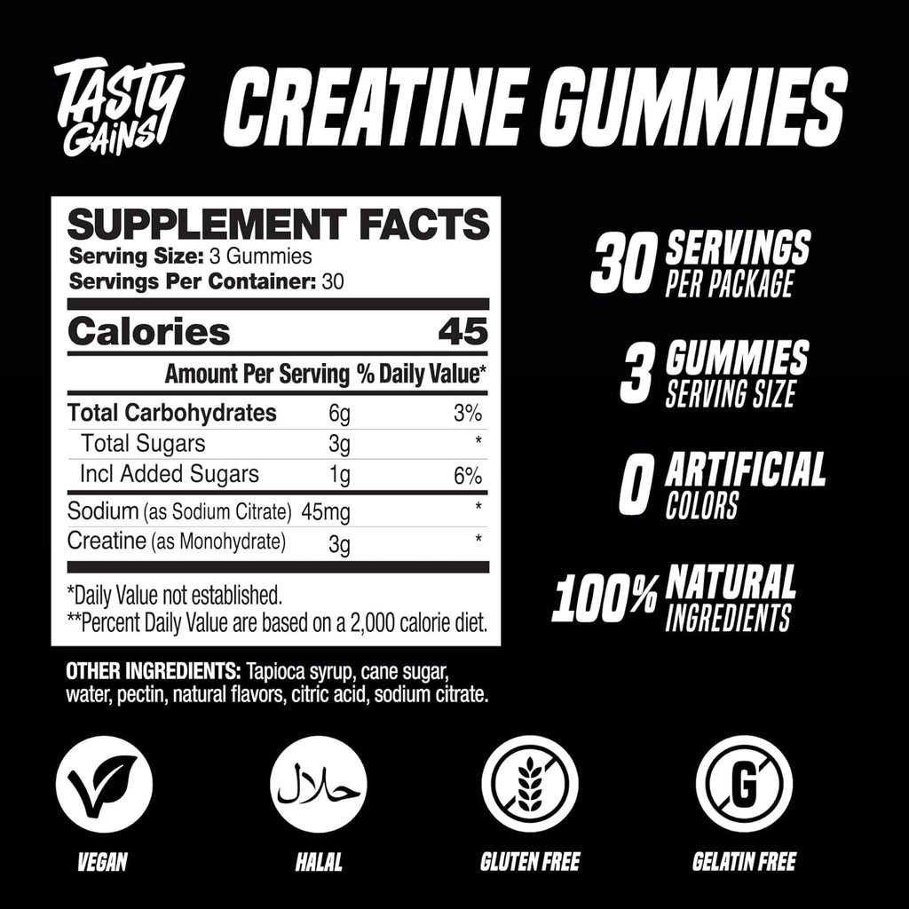 TASTY GAINS Creatine Gummies - 90g of Creatine Monohydrate - Workout Supplements - Build Muscle & Boost Strength for Men & Women - Made in USA - Non GMO - Vegan Friendly (Large, Pineapple Mango)