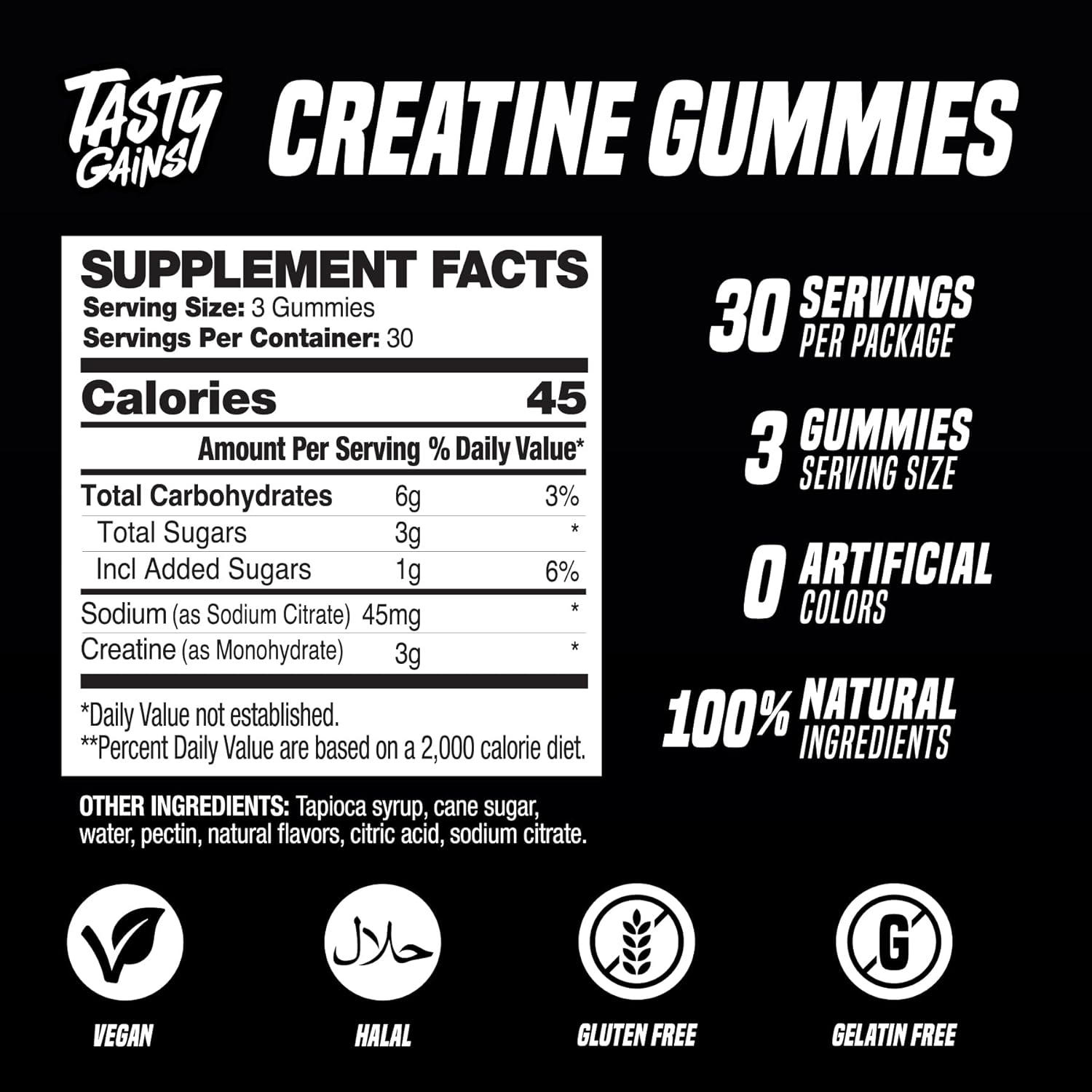 TASTY GAINS Creatine Gummies - 90g of Creatine Monohydrate - Workout Supplements - Build Muscle & Boost Strength for Men & Women - Made in USA - Non GMO - Vegan Friendly (Large, Blue Raspberry)