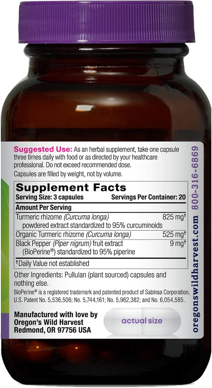 Oregon's Wild Harvest, Turmeric Curcumin Supplement Vegan Capsules with BioPerine 1350 MGS, 60 Count