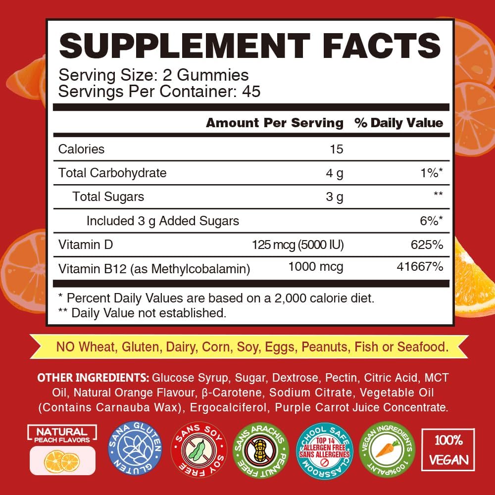 Vegan Vitamin B12 Gummies with Vitamin D - 90 Count I 1000 MCG Methyl B12 & 5000 IU D3 Gummy Chewable Supplements for Adults & Kids - Supports Immune Health & Daily Energy Boost - Non-GMO, Orange